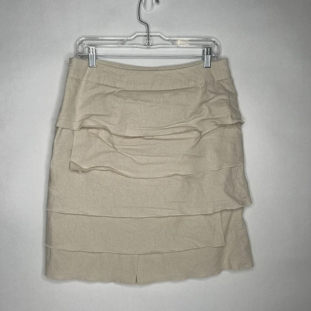 Larry Levine Tan‎ Linen Blend Tiered Ruffle Pencil Skirt Stretch Womens Size 10